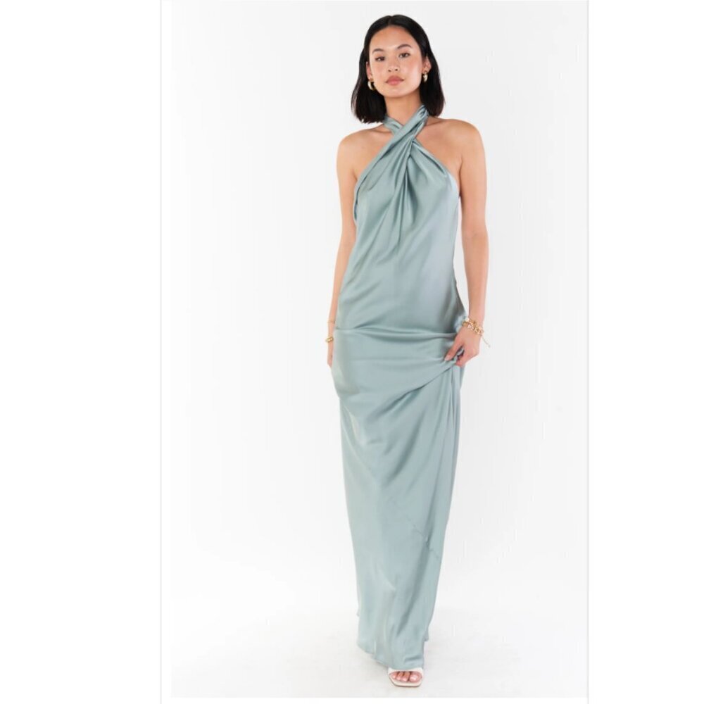 NWT Show Me Your Mumu Jasmine Halter Maxi Dress, Silver Sage Luxe Satin, Size XS